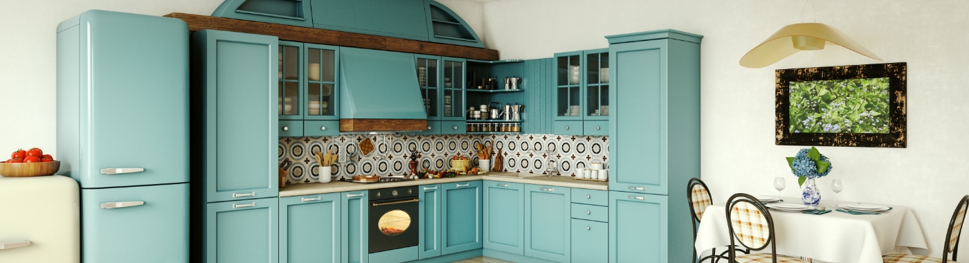 blue kitchen older appliances